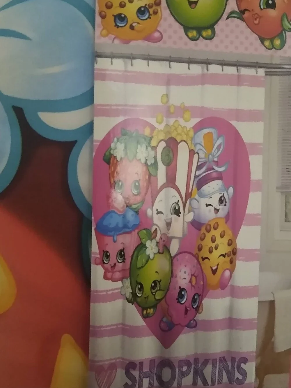 Shopkins Pink Kids Shower Curtain with Pink Hand Wash Duo 🩷🍪💕🍏🎀🍓